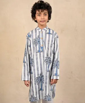 STRIPED FESTIVE PRINTED PURE COTTON KURTA - BLUE
