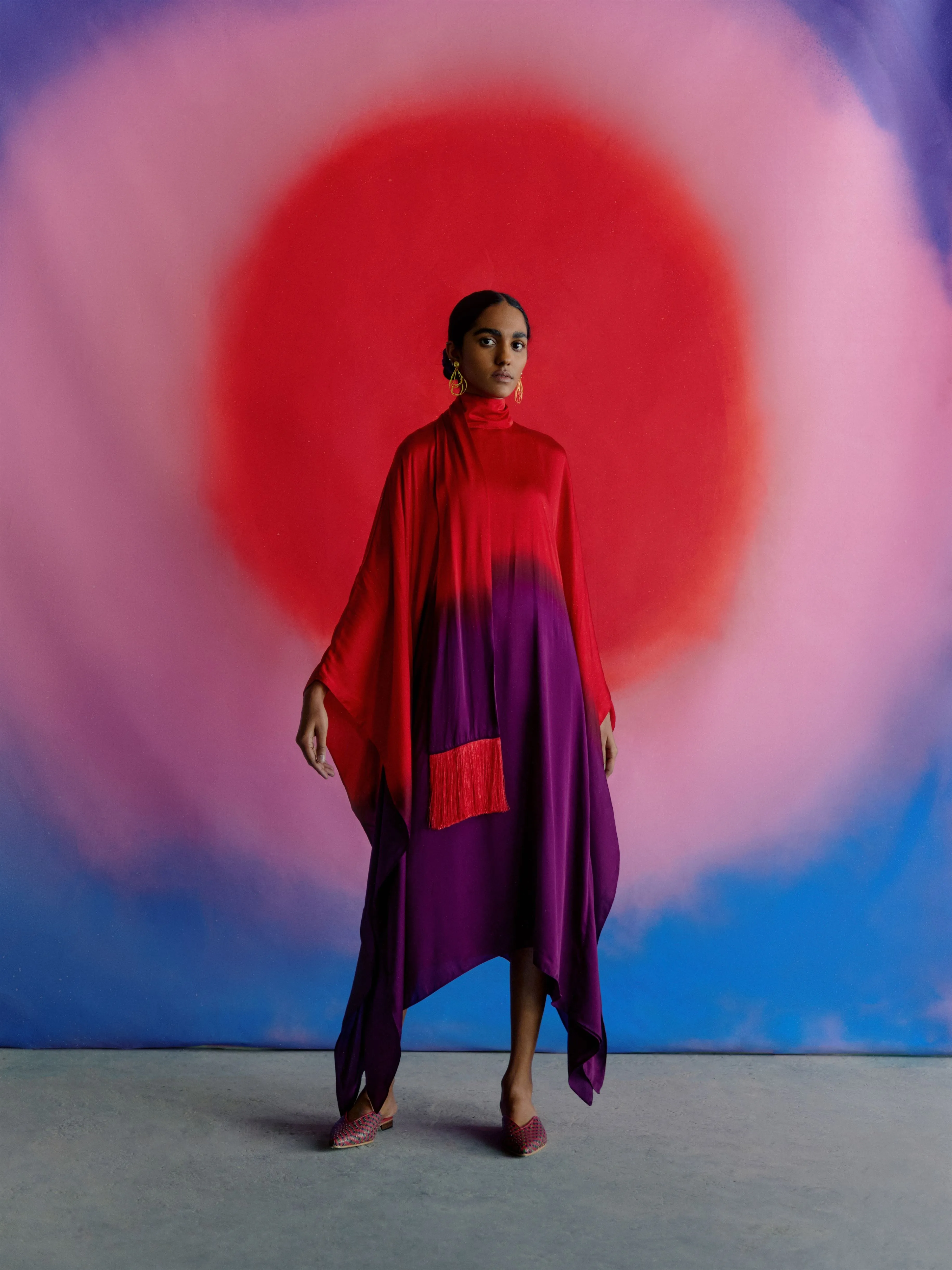 Studio Rigu   I   Womenswear, Western Leheriya Round Collar Dress Red / Purple Ombre  Srdd002