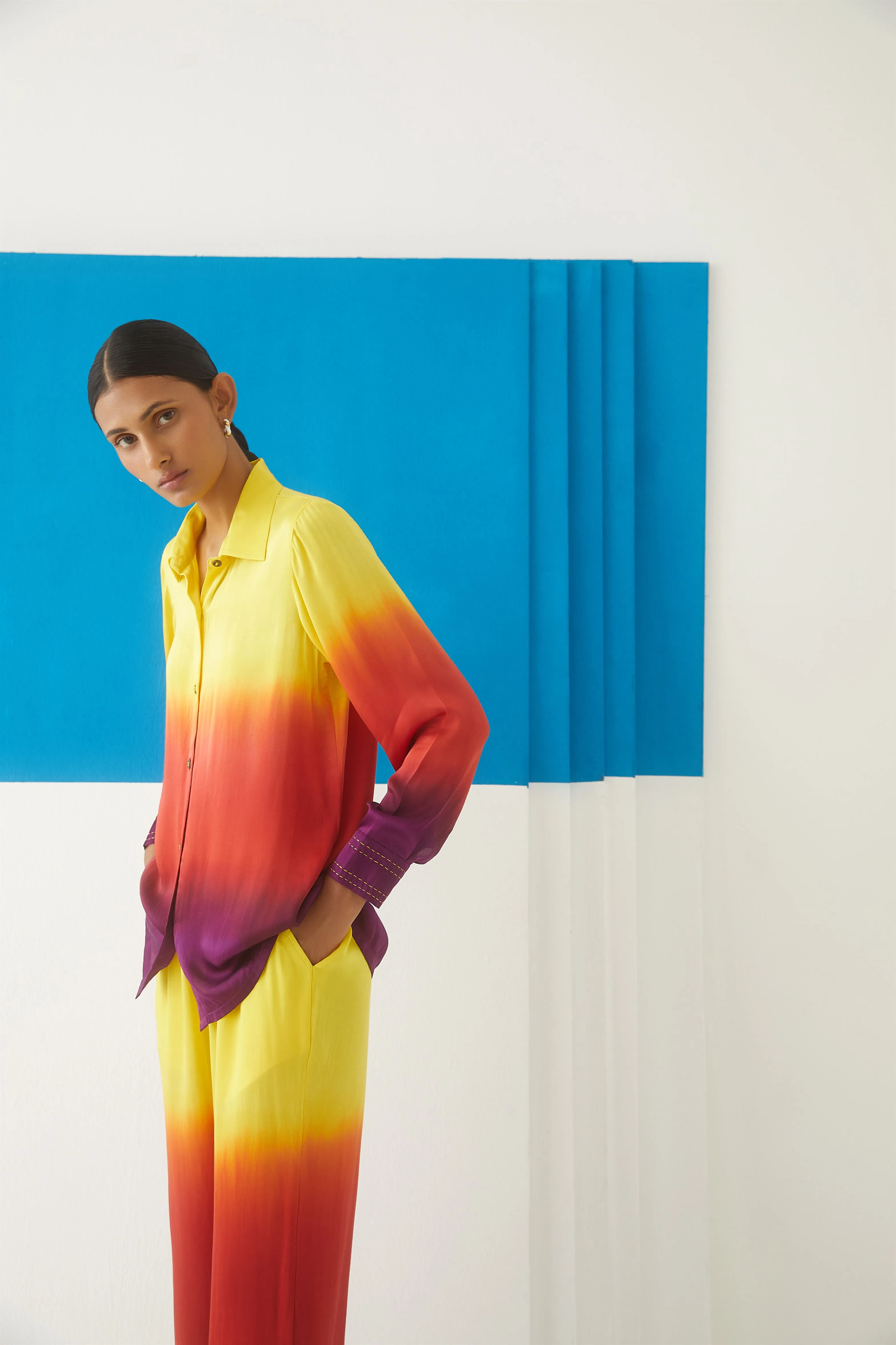 Studio Rigu Sanatornaya Sunrise Shirt  Trousers   Beaded Buttons   Top Stitching On Cuffs, Tie Dye Vegan Silk Arcadia Collection