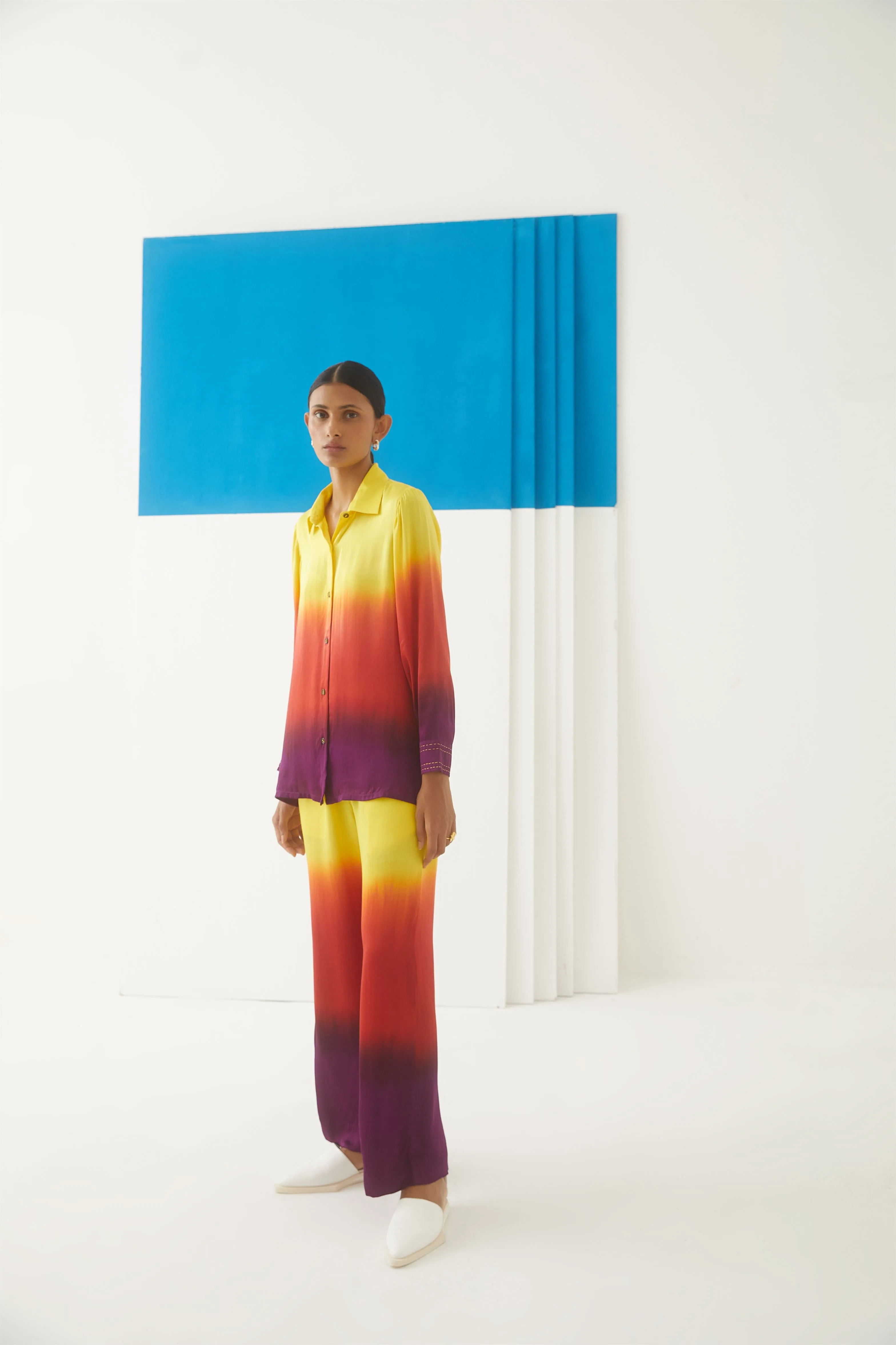 Studio Rigu Sanatornaya Sunrise Shirt  Trousers   Beaded Buttons   Top Stitching On Cuffs, Tie Dye Vegan Silk Arcadia Collection