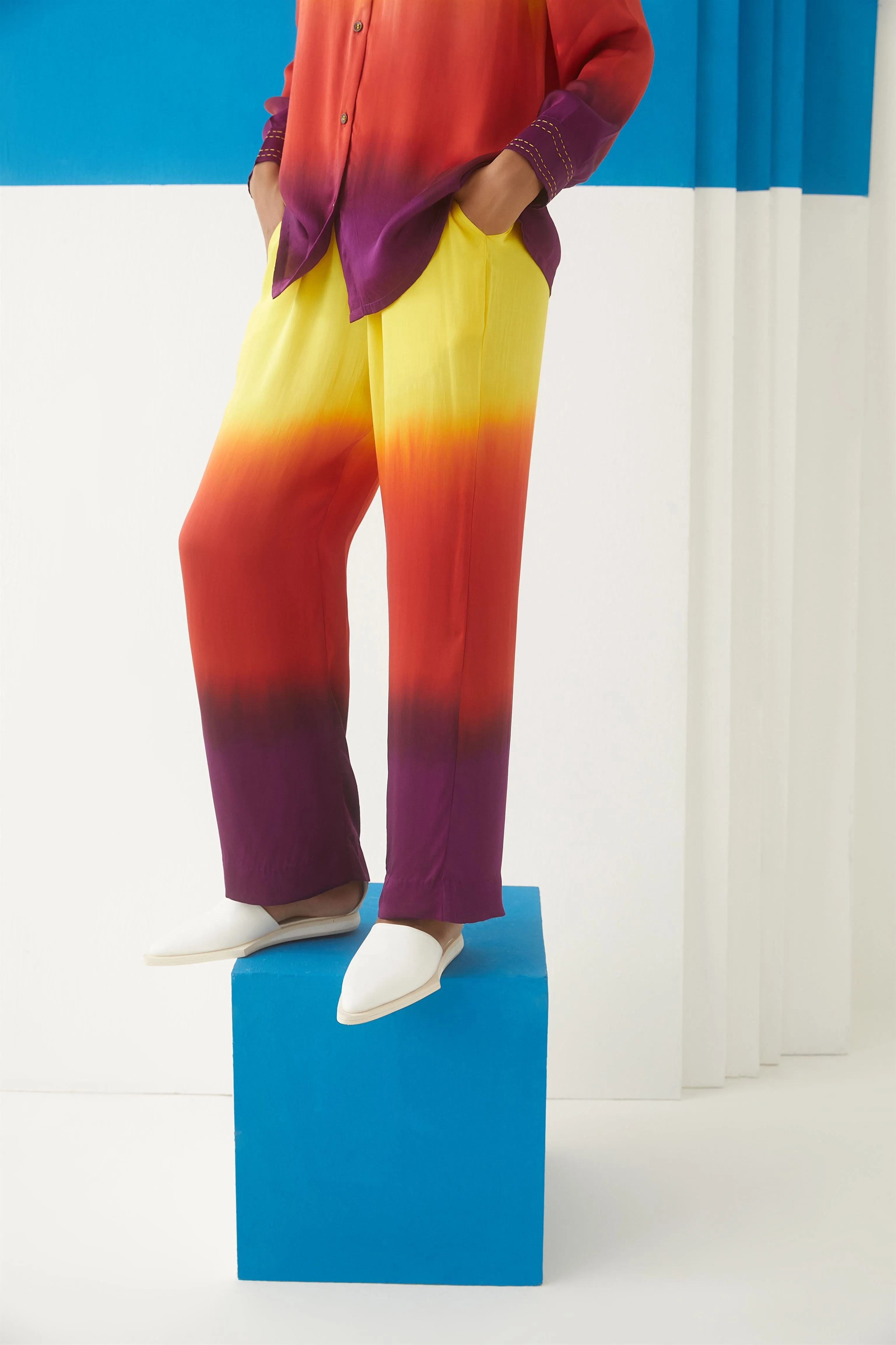 Studio Rigu Sanatornaya Sunrise Shirt  Trousers   Beaded Buttons   Top Stitching On Cuffs, Tie Dye Vegan Silk Arcadia Collection