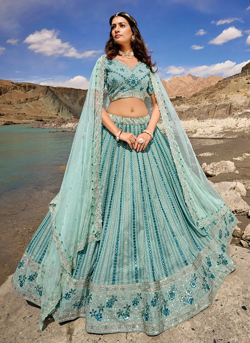 Teal Blue Multi Handwork Embroidery Wedding Lehenga Choli