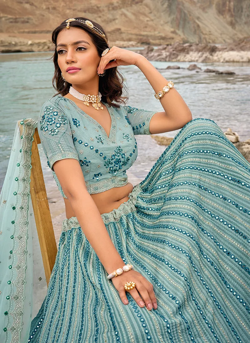 Teal Blue Multi Handwork Embroidery Wedding Lehenga Choli