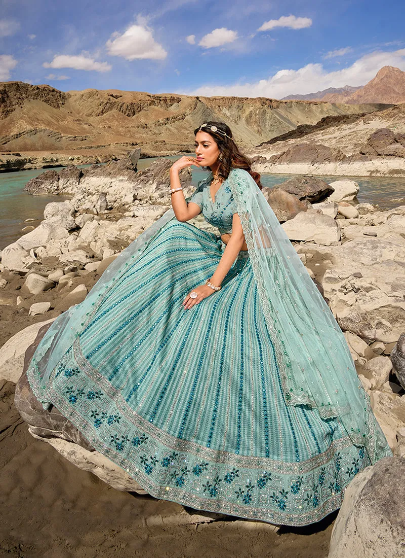 Teal Blue Multi Handwork Embroidery Wedding Lehenga Choli