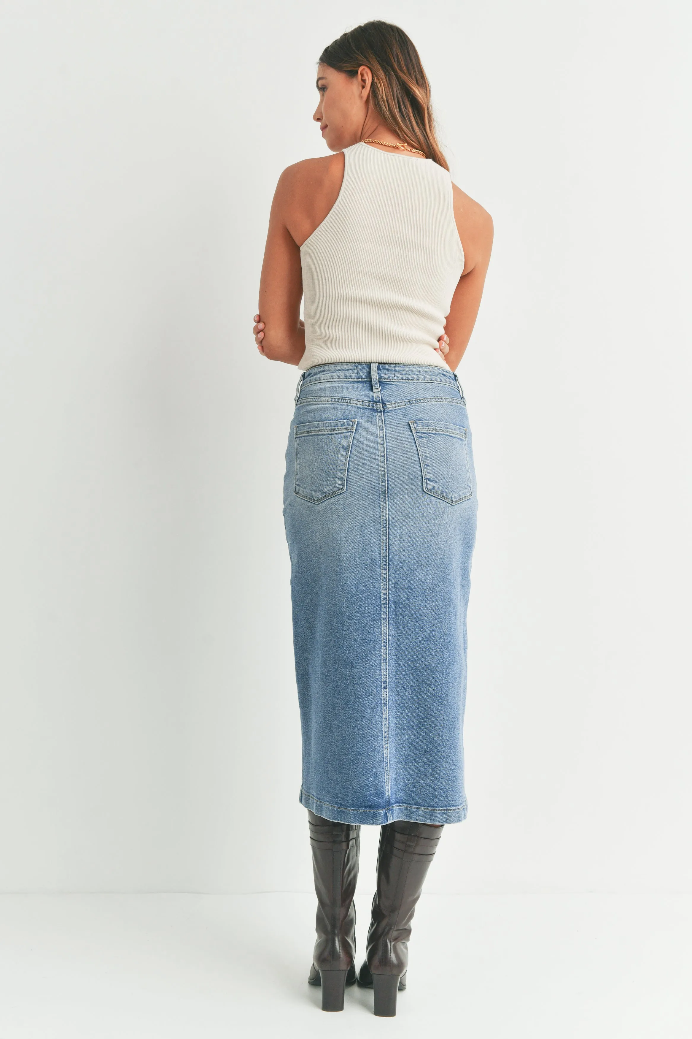 The Andie Utility Pocket Denim Midi Skirt