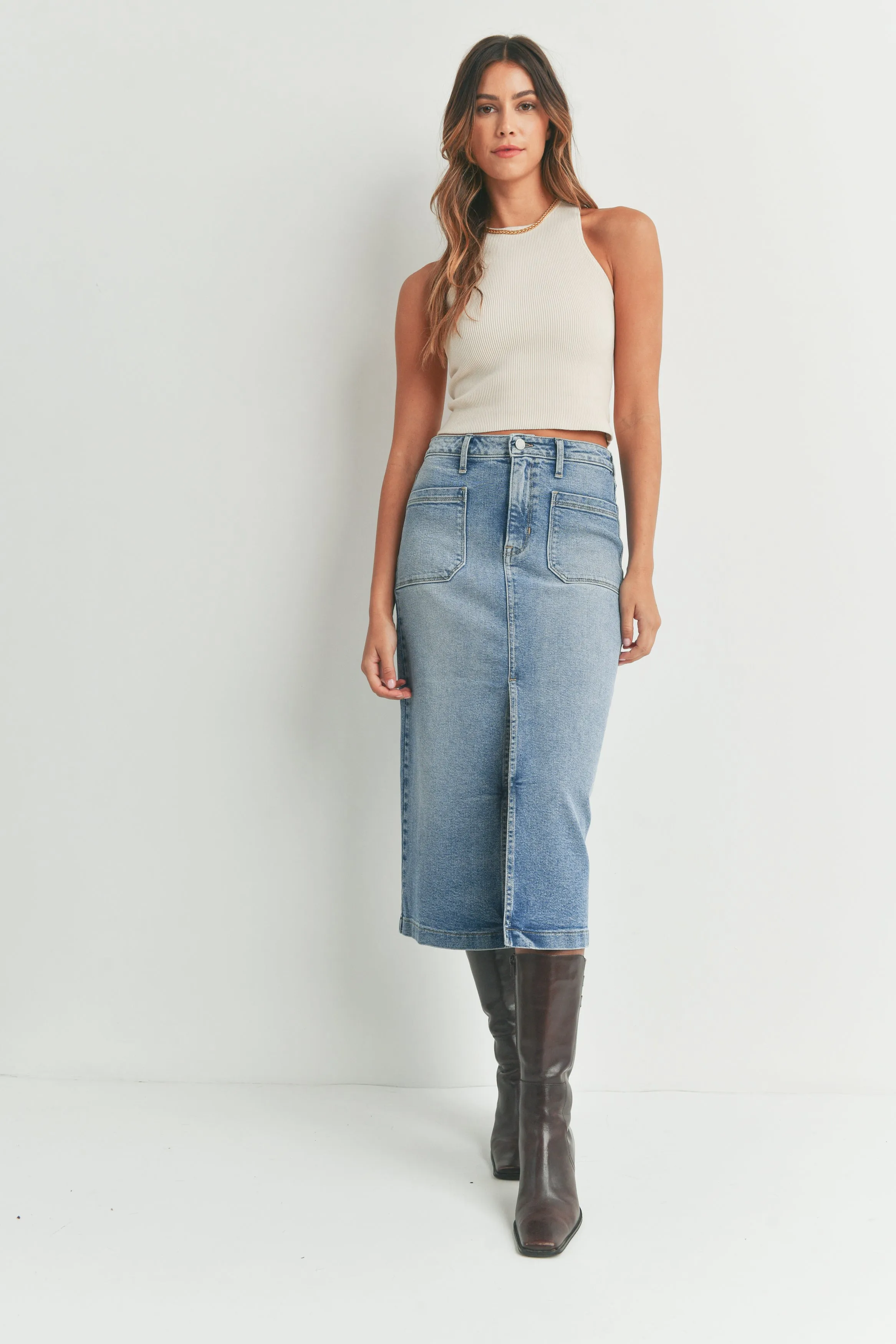 The Andie Utility Pocket Denim Midi Skirt