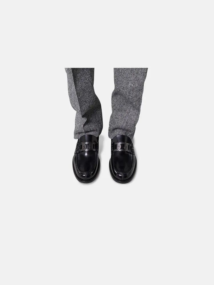 Tods Black Leather Loafers with chain accessory