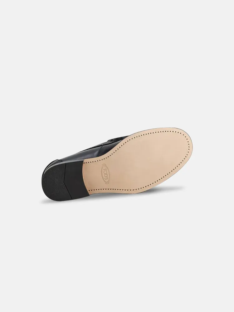 Tods Black Leather Loafers with chain accessory