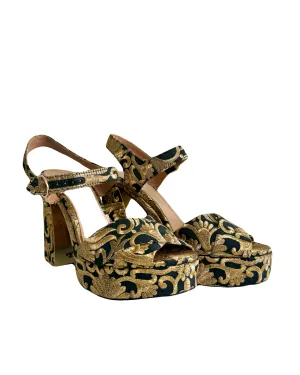 Tory burch black gold nayan brocade loretta heels
