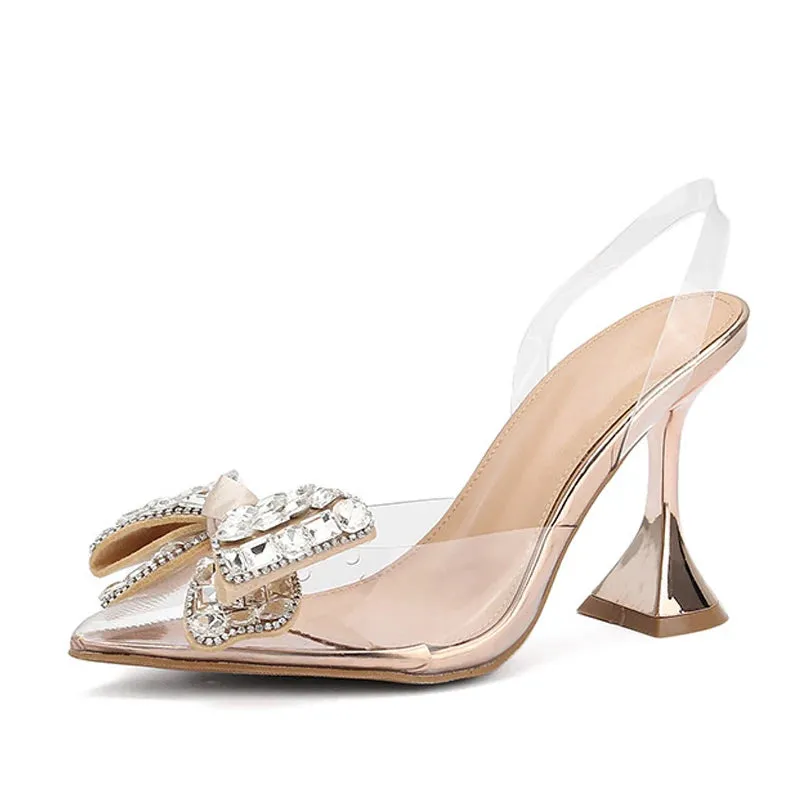 Transparent Women Pumps with Crystal Bowknot Pointed Toe Slingback Heels