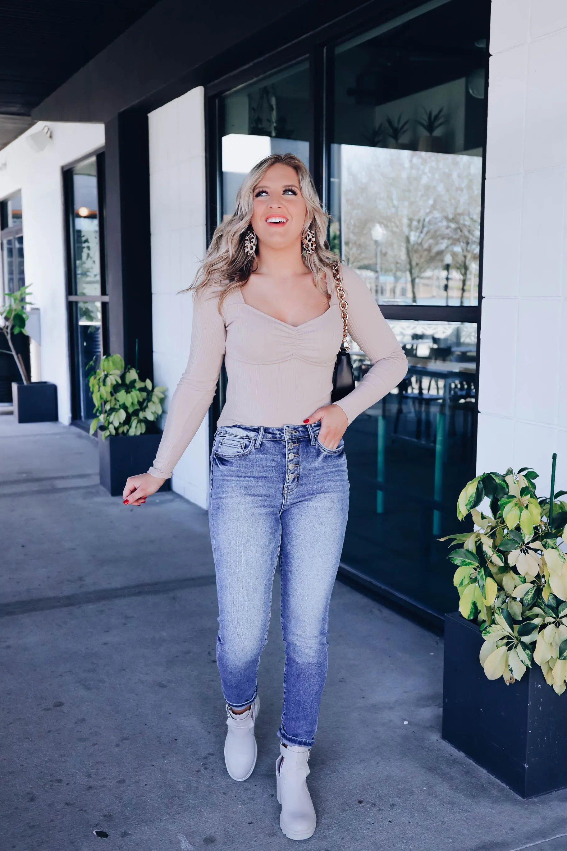 Trendy Ruched Long Sleeve Top - Taupe
