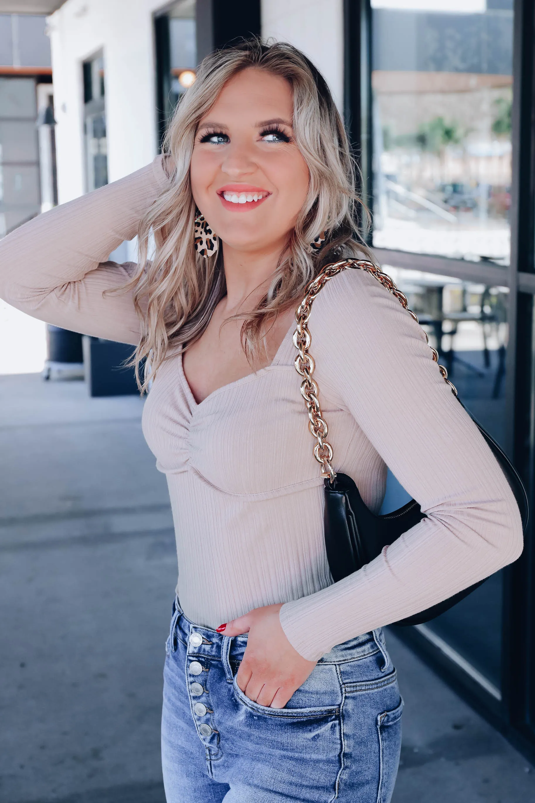 Trendy Ruched Long Sleeve Top - Taupe
