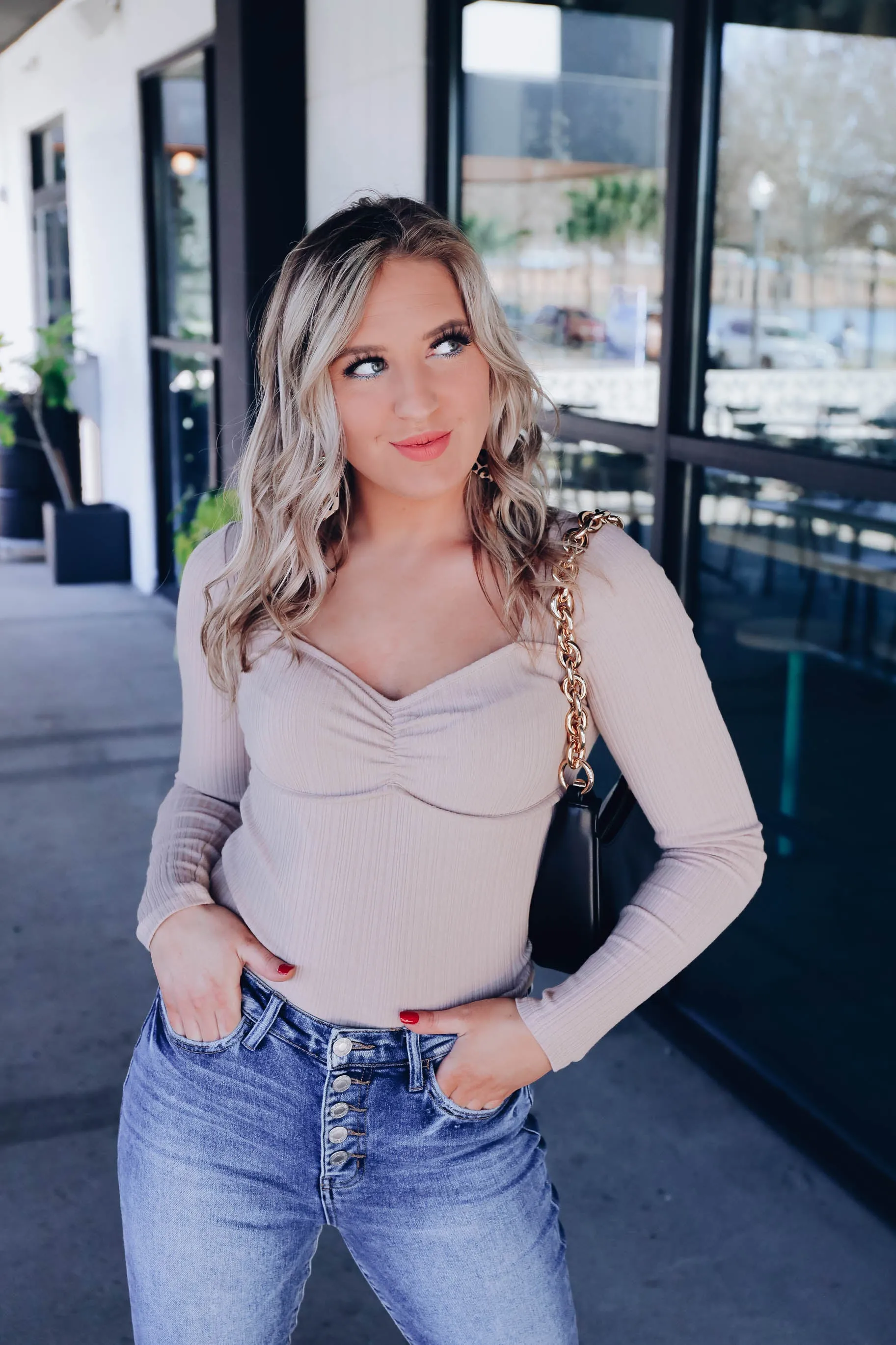 Trendy Ruched Long Sleeve Top - Taupe