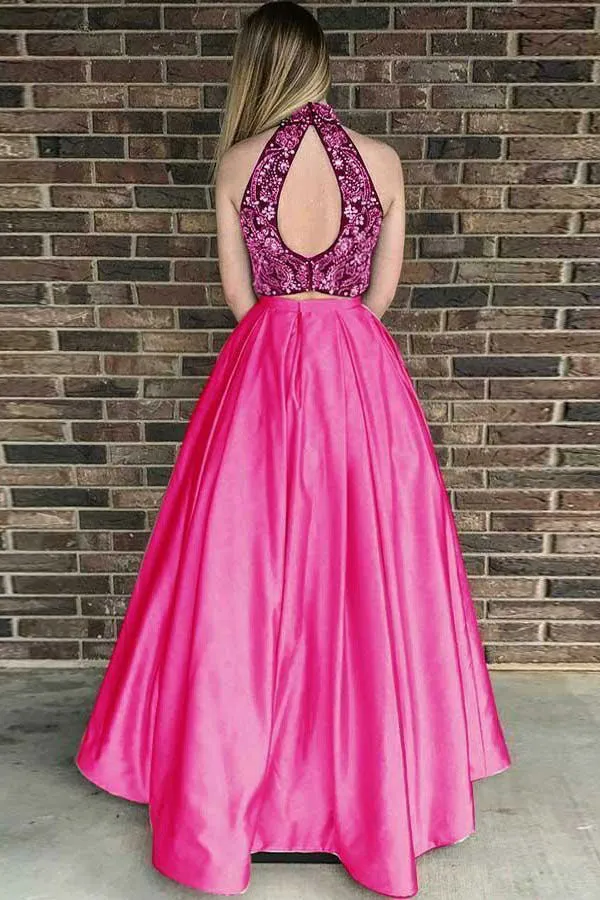 Two Piece High Neck Sweep Train Fuchsia Satin Open Back Prom Dress with Beading Pockets D013