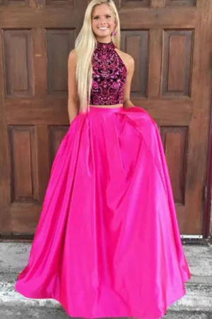 Two Piece High Neck Sweep Train Fuchsia Satin Open Back Prom Dress with Beading Pockets D013