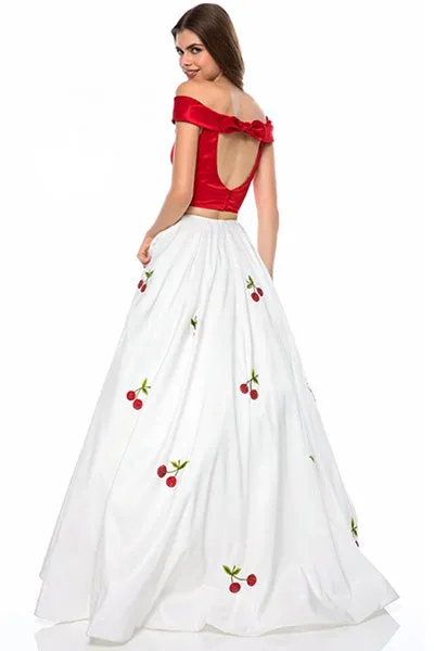 Two Piece Off-the-Shoulder Sweep Train White Satin Sleeveless Prom Dress with Embroidery C025