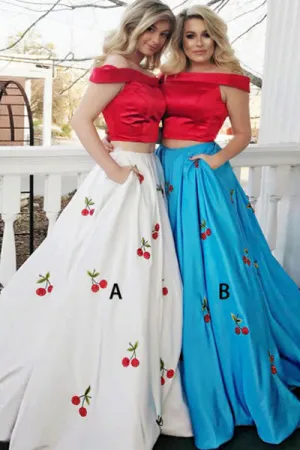 Two Piece Off-the-Shoulder Sweep Train White Satin Sleeveless Prom Dress with Embroidery C025