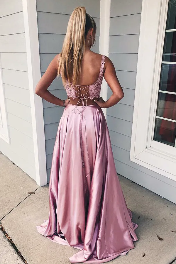 Two Piece Square Lace Up Pink Split Long Prom Dress with Lace Pockets D025