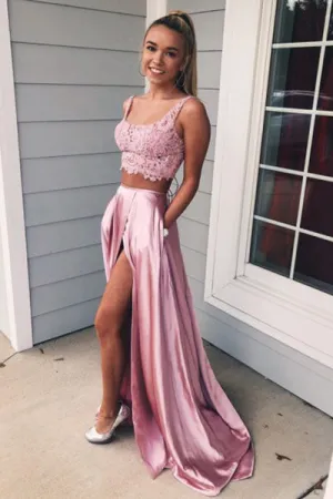 Two Piece Square Lace Up Pink Split Long Prom Dress with Lace Pockets D025