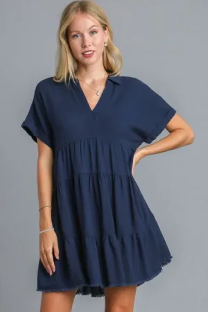 Umgee Raw Hem Folded Sleeve Tiered Dress