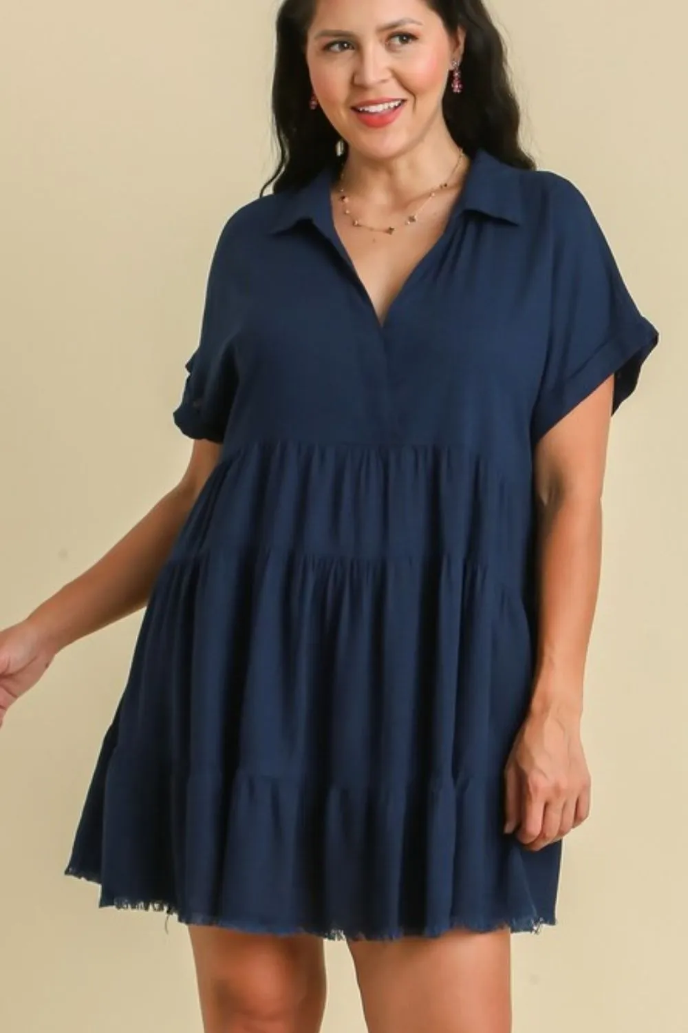 Umgee Raw Hem Folded Sleeve Tiered Dress