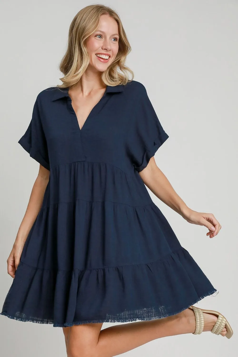 Umgee Raw Hem Folded Sleeve Tiered Dress
