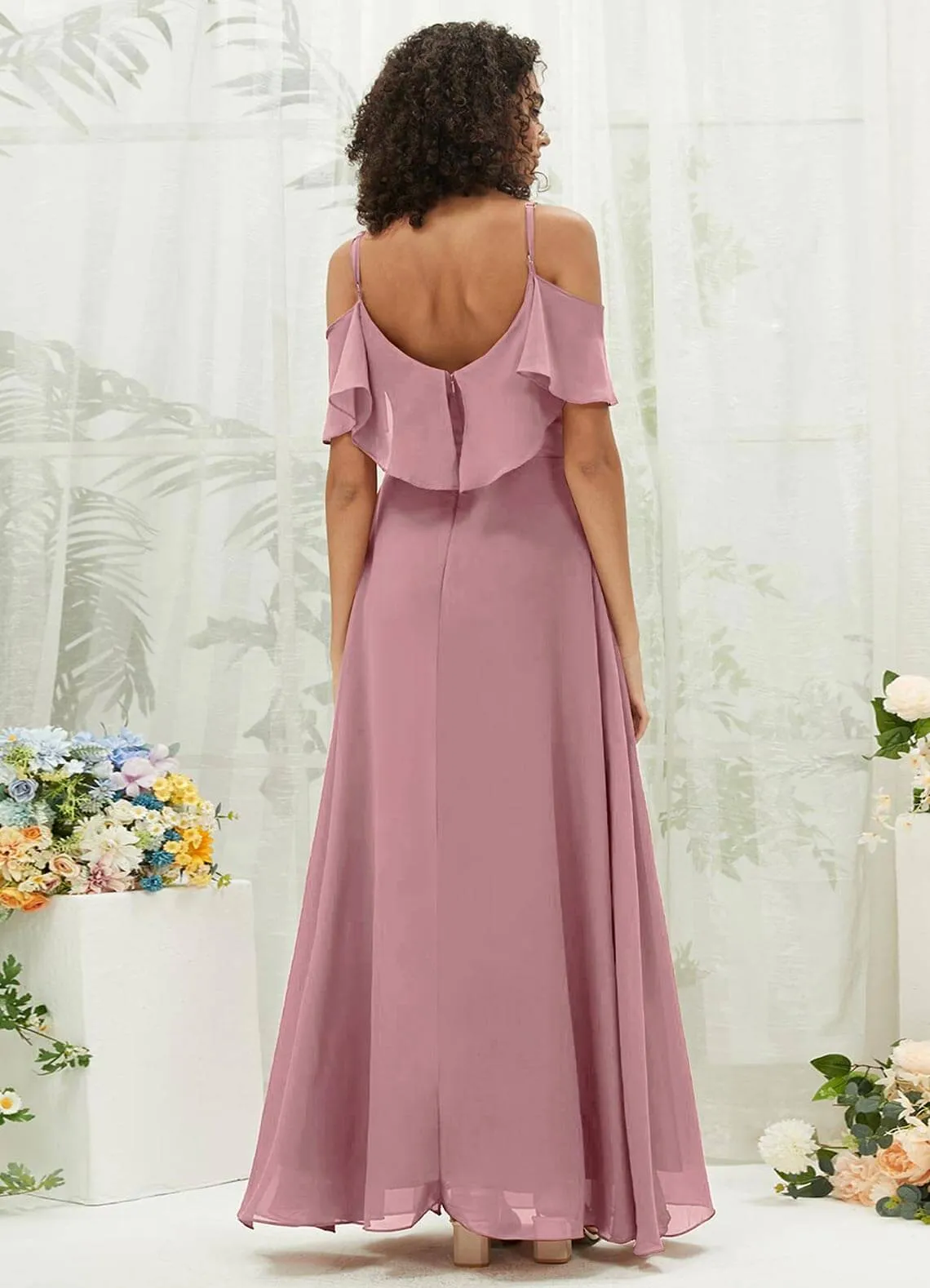 Vintage Mauve Chiffon Ruffle Cold Shoulder Sweetheart Bridesmaid Dress
