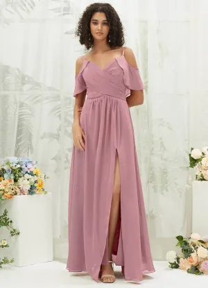 Vintage Mauve Chiffon Ruffle Cold Shoulder Sweetheart Bridesmaid Dress