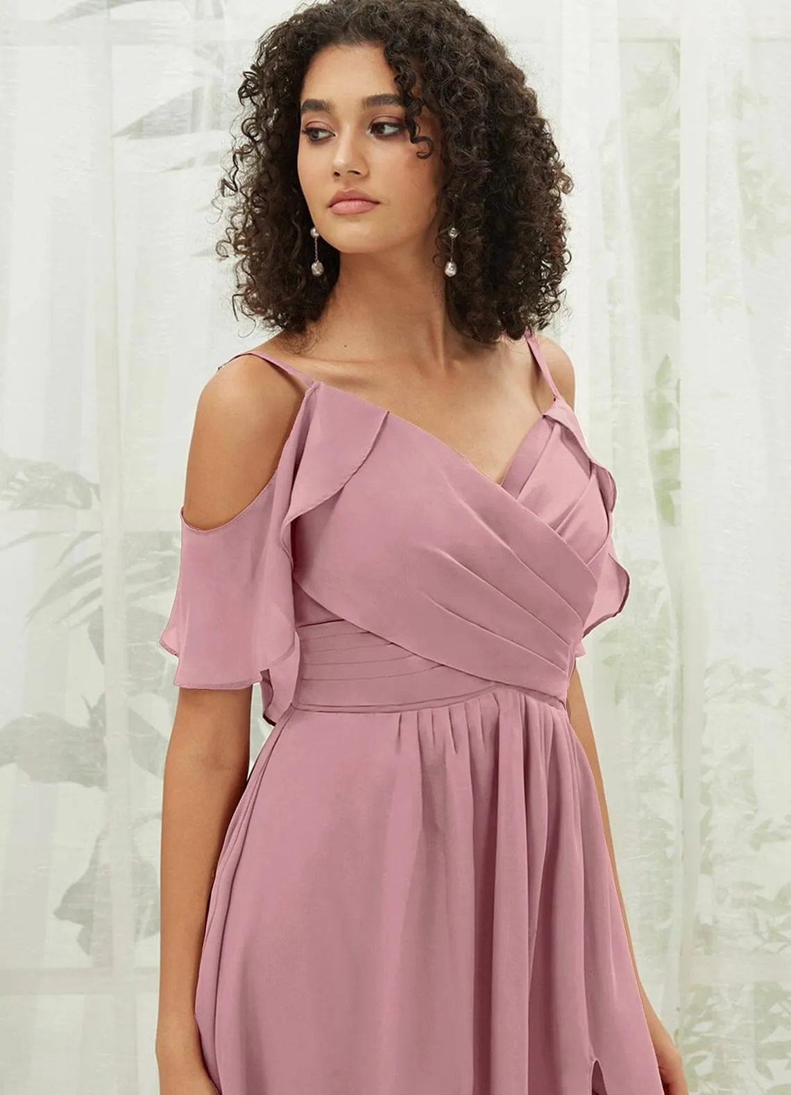 Vintage Mauve Chiffon Ruffle Cold Shoulder Sweetheart Bridesmaid Dress