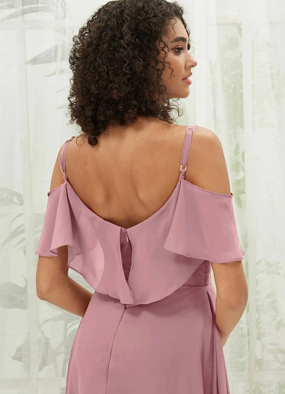 Vintage Mauve Chiffon Ruffle Cold Shoulder Sweetheart Bridesmaid Dress