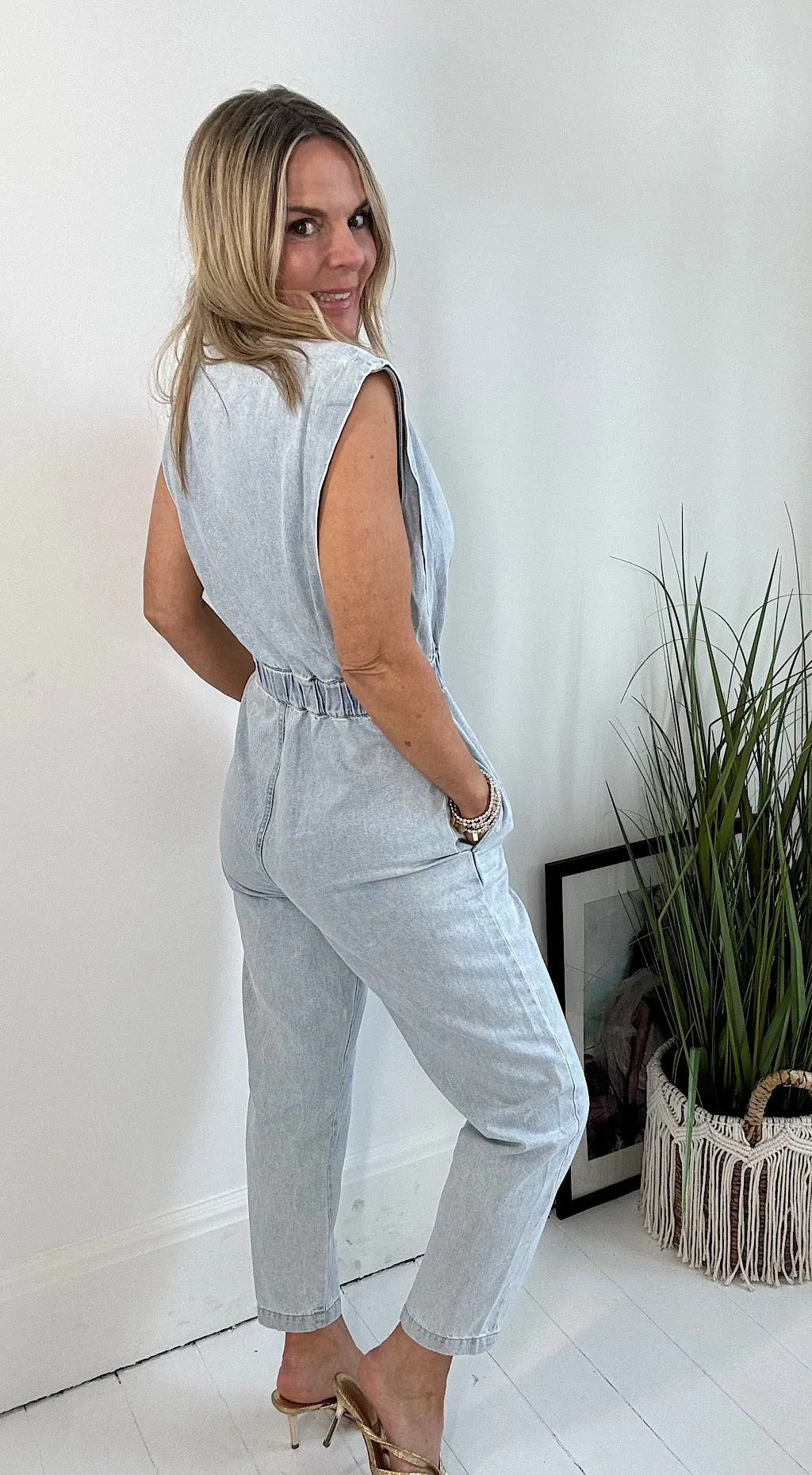 Washed denim jumpsuit