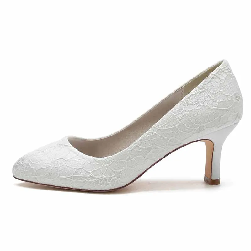 Wedding 2.56 Inches Kitten Heel Shoes Sandals Closed Toe Lace Slip on Pumps Bridal Shoes