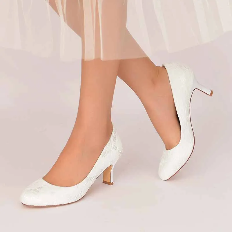 Wedding 2.56 Inches Kitten Heel Shoes Sandals Closed Toe Lace Slip on Pumps Bridal Shoes