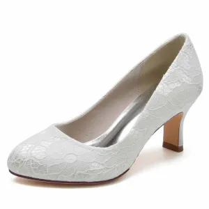 Wedding 2.56 Inches Kitten Heel Shoes Sandals Closed Toe Lace Slip on Pumps Bridal Shoes