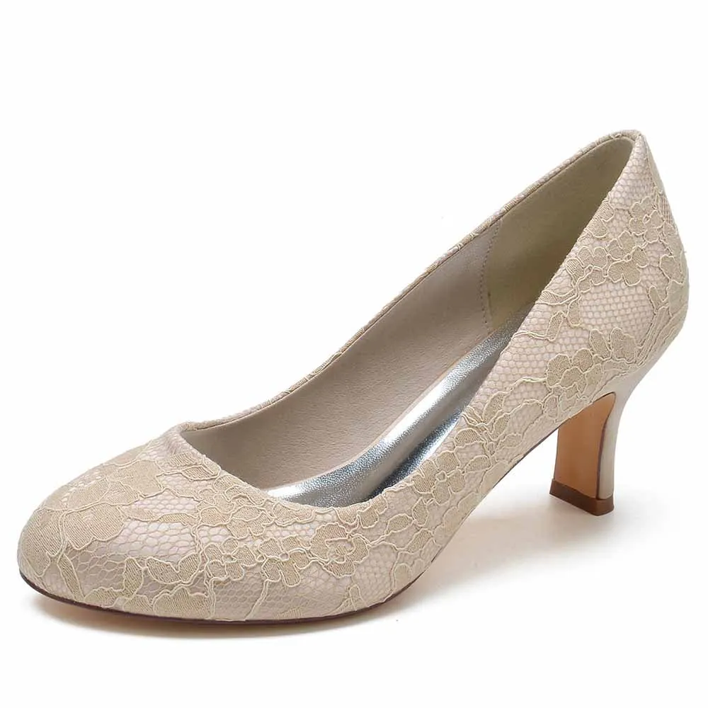 Wedding 2.56 Inches Kitten Heel Shoes Sandals Closed Toe Lace Slip on Pumps Bridal Shoes