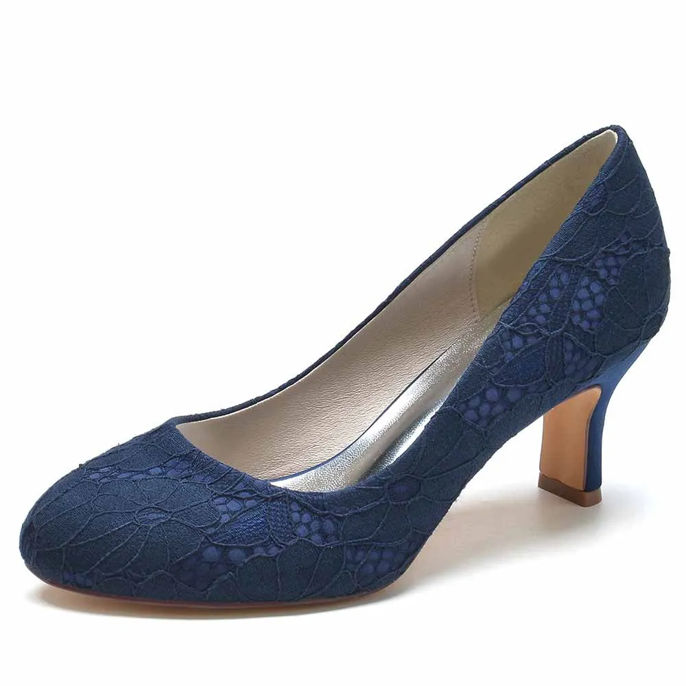 Wedding 2.56 Inches Kitten Heel Shoes Sandals Closed Toe Lace Slip on Pumps Bridal Shoes