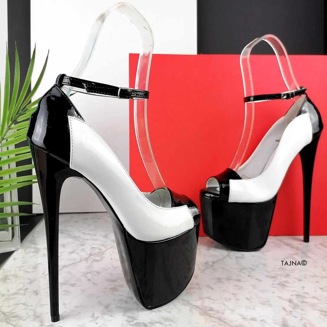 White Black Patent Ankle Strap Designer Heels
