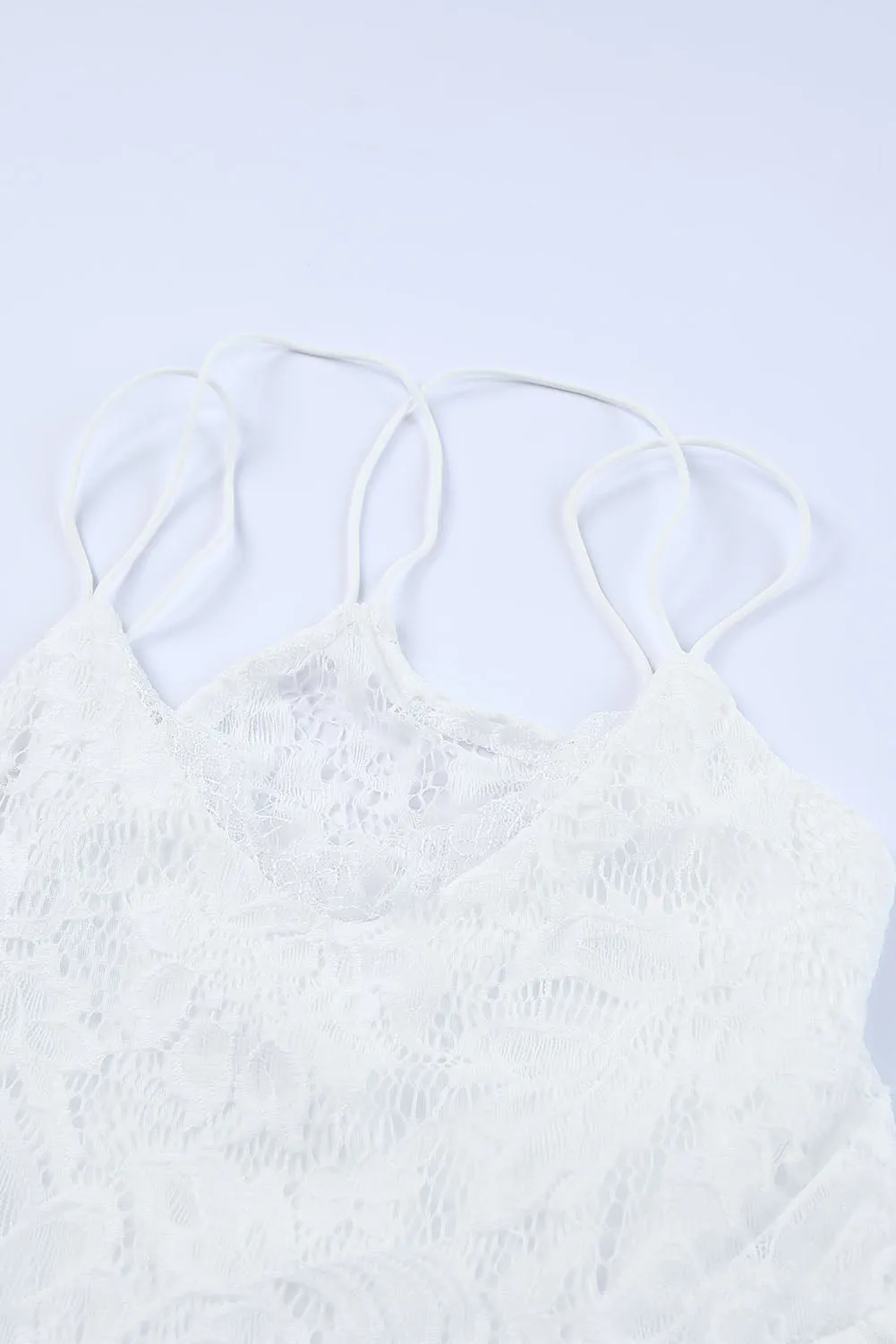 White Spaghetti Strap Backless Contrast Lace Wedding Dress
