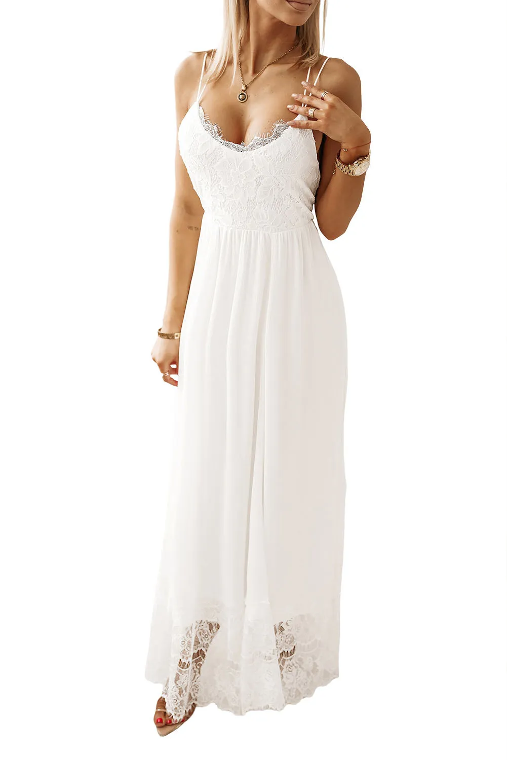 White Spaghetti Strap Backless Contrast Lace Wedding Dress