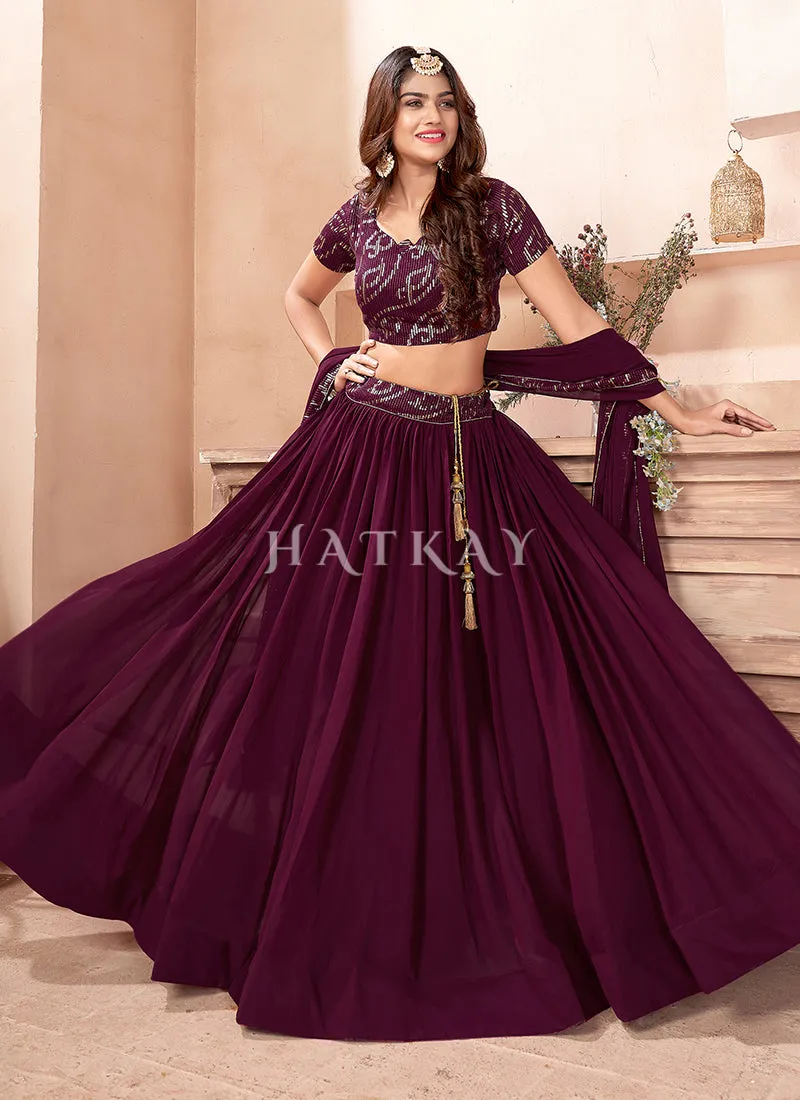 Wine Sequence Embroidered Traditional Georgette Lehenga Choli