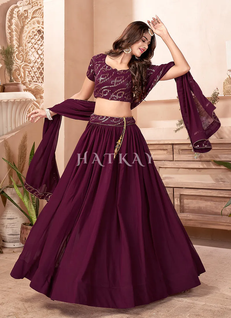 Wine Sequence Embroidered Traditional Georgette Lehenga Choli