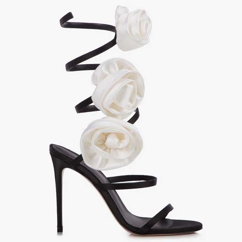 Women Flower Shoes Satin Sandals High Heeled Pumps