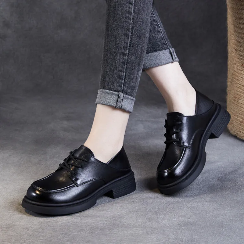 Women Retro Leather Lace-up Casual Loafers