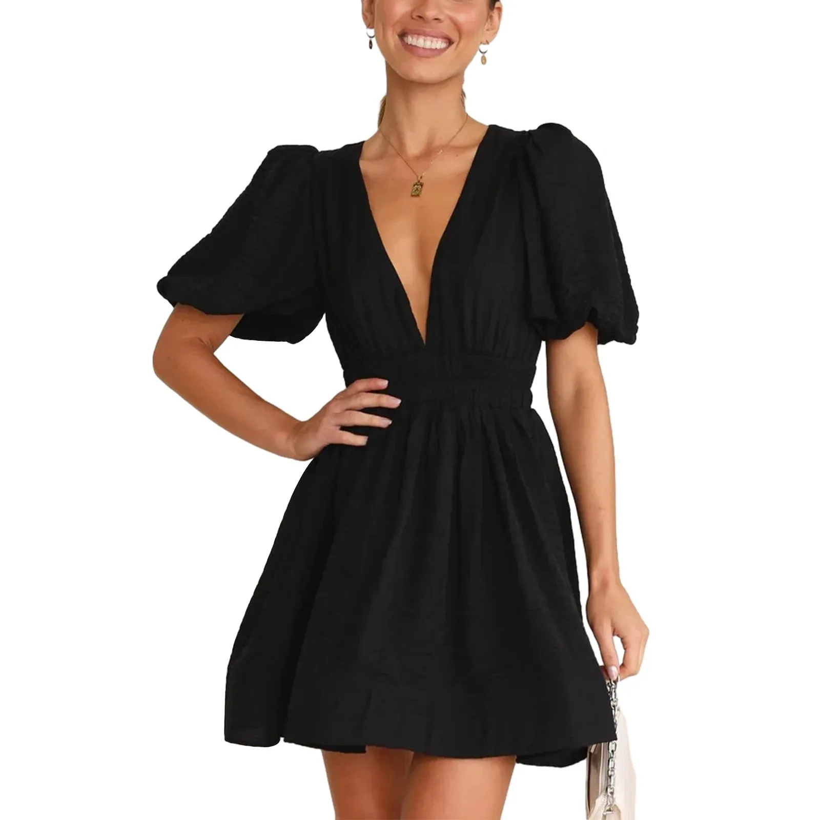Women Summer Casual A-line Dress Deep V-Neck Puff Sleeve