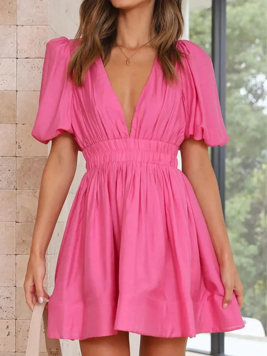 Women Summer Casual A-line Dress Deep V-Neck Puff Sleeve