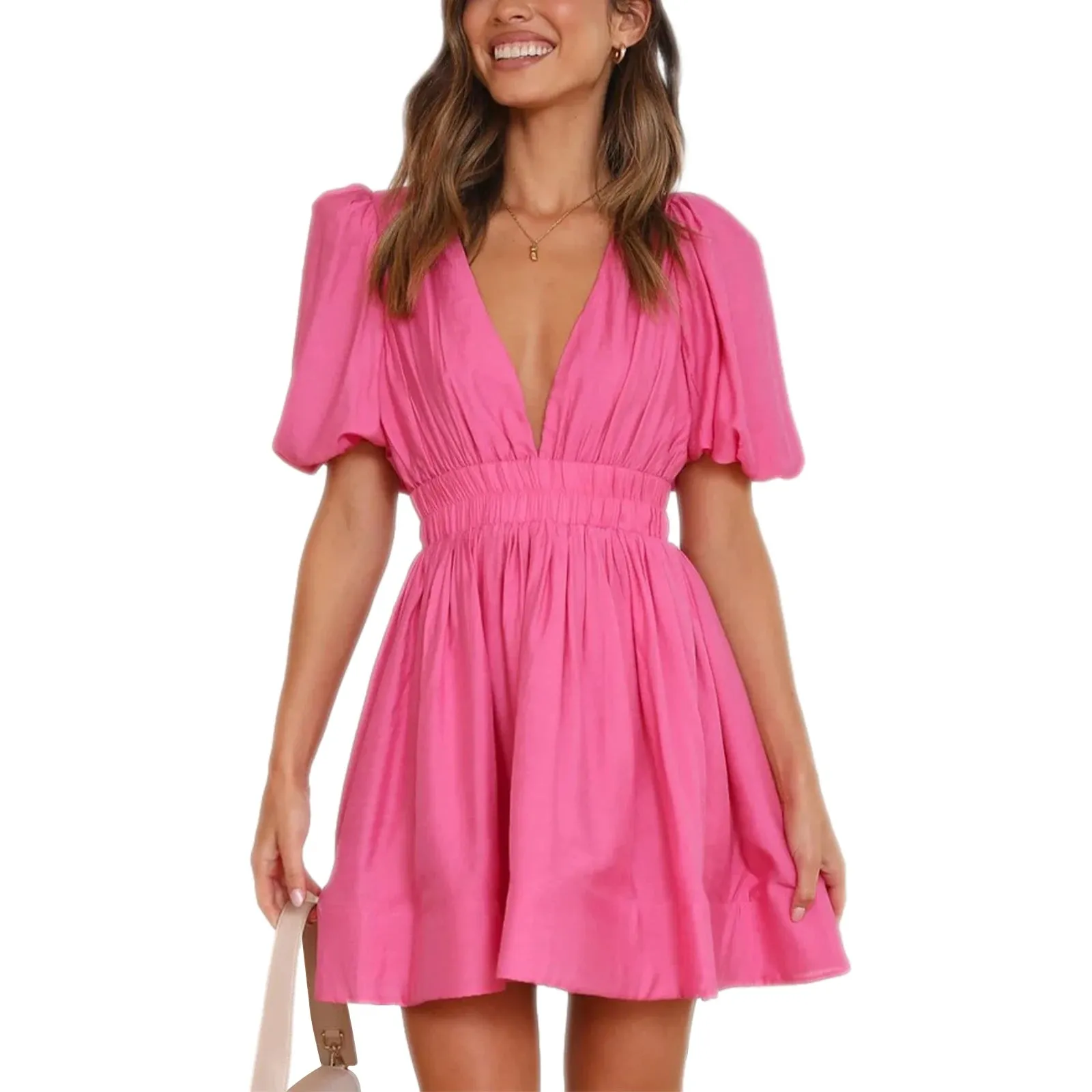 Women Summer Casual A-line Dress Deep V-Neck Puff Sleeve