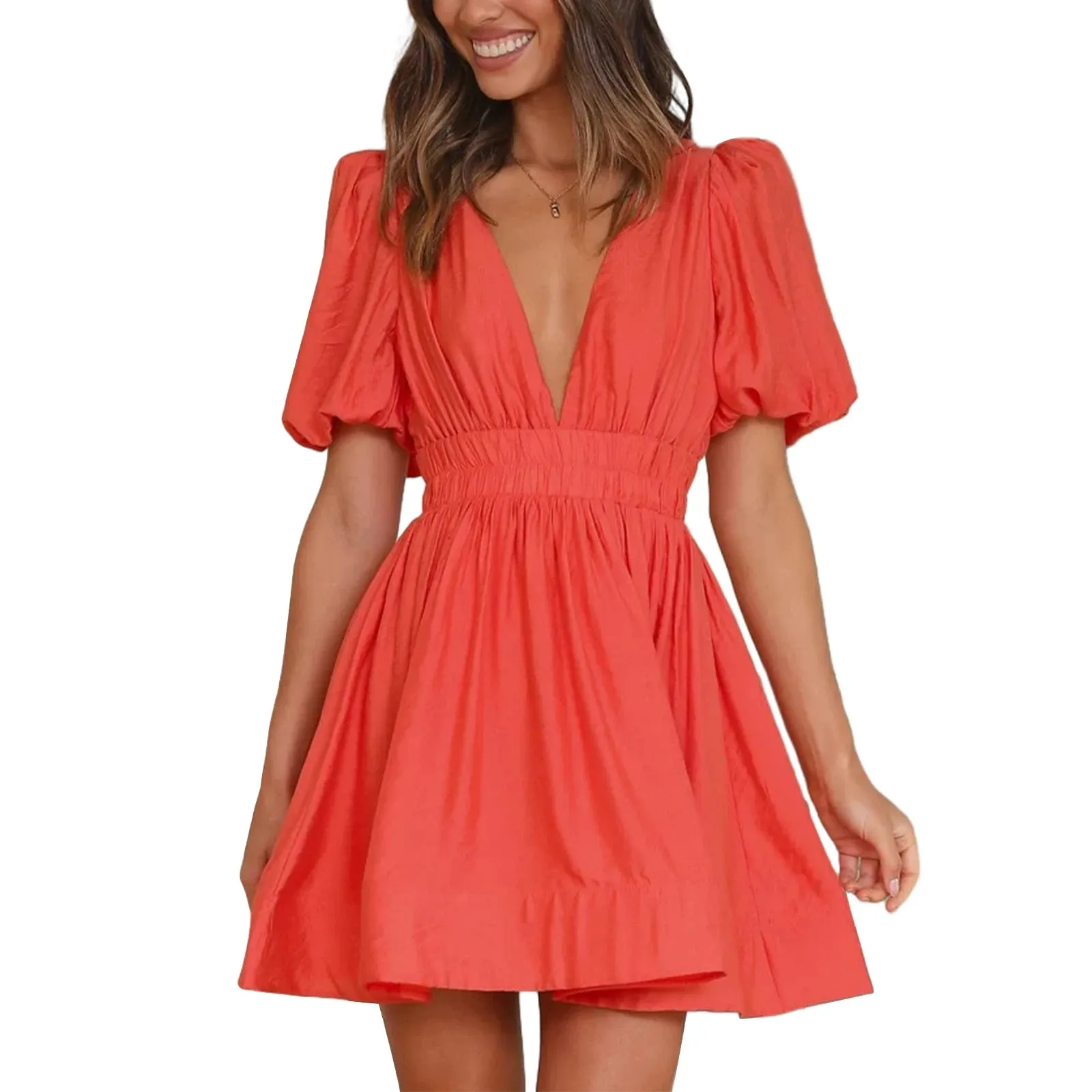 Women Summer Casual A-line Dress Deep V-Neck Puff Sleeve