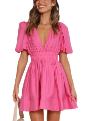 Women Summer Casual A-line Dress Deep V-Neck Puff Sleeve