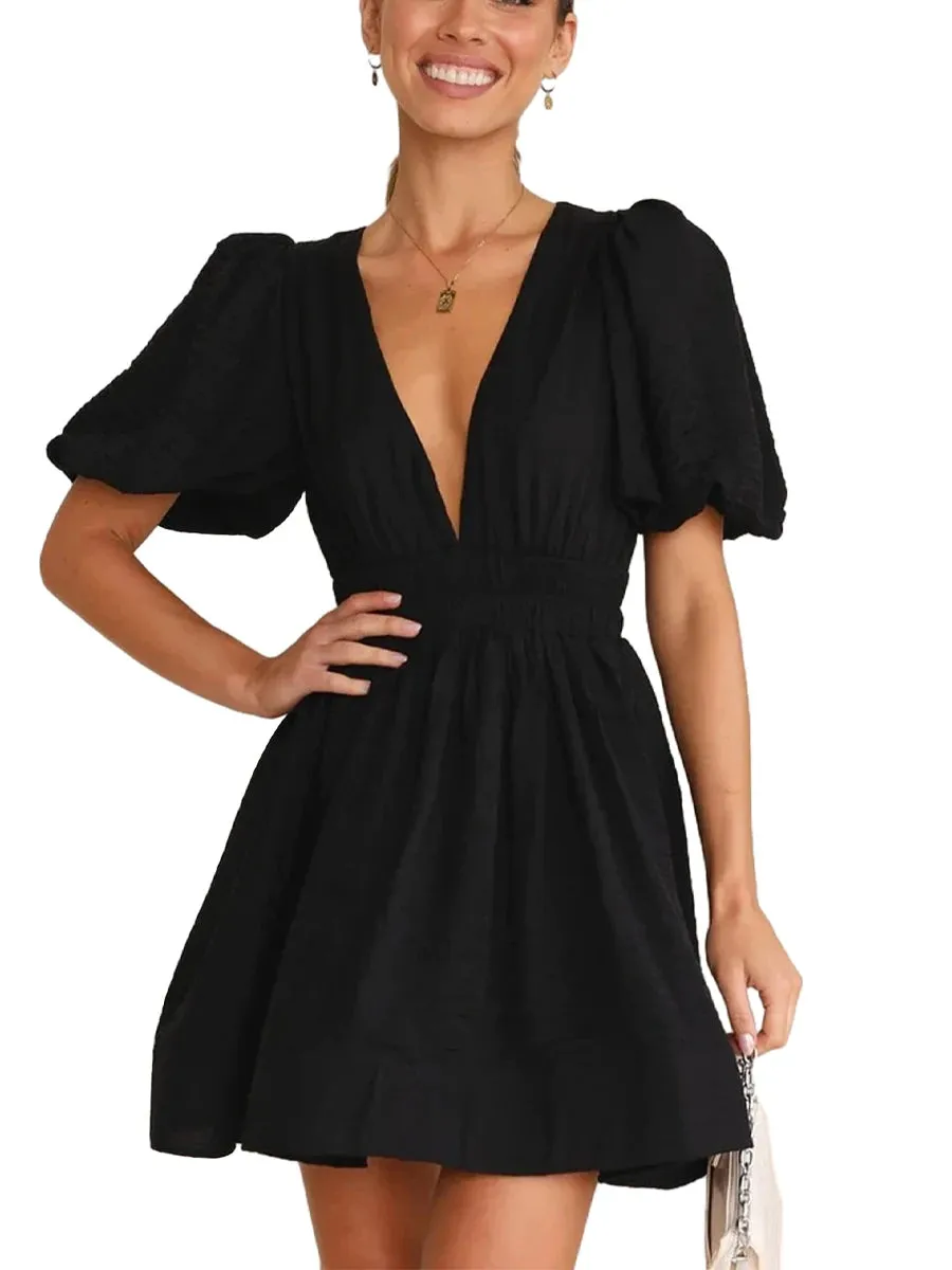 Women Summer Casual A-line Dress Deep V-Neck Puff Sleeve