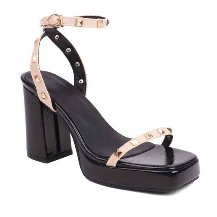 Women's Chunky Heel Sandals Square Toe Riveted Platform Heels